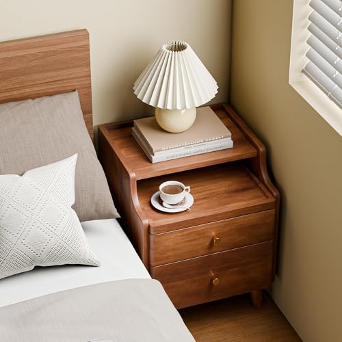 Nightstand with Drawers, Pre-Assembled, 19.7" H Natural Solid Wood Night Stand with Open Sliding Shelf, Mid Century Modern Small Bedside Table Cabinet for Bedroom, Walnut, 16"