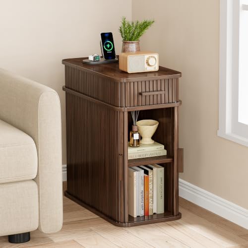 ONBRILL Fluted End Table with Charging Station, Narrow Side Table with Drawers, Wood Skinny Nightstand with Storage, Mid-Century Modern Bedside Tables for Small Space Living Room Bedroom Sofa Couch