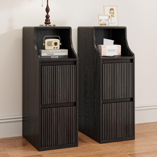 Black Fluted Small Nightstand Set of 2, Mid Century Modern Bedside Table with 2 Drawers, Wooden Skinny Vintage Side Table, Narrow Night Stand, Slim End Table, for Bedroom, Living Room