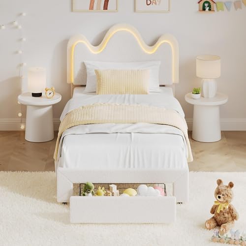 IDEALHOUSE Bed Frame with Adjustable Upholstered Headboard Boucle Platform Bed Frame with Storage Drawers Princess Bed Frame, No Box Spring Needed,Easy Assembly, Twin, White