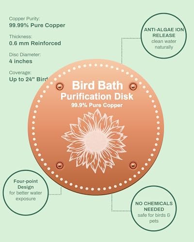 OICEME Bird Bath Purification Disk Pure Copper Outside Winter Solar Power Birdbath Wild Hummingbird Feeder Pedestal Fountain Cleaner Cage Dispenser Bowl Ground Safe Garden Sunflower Bird Gifts