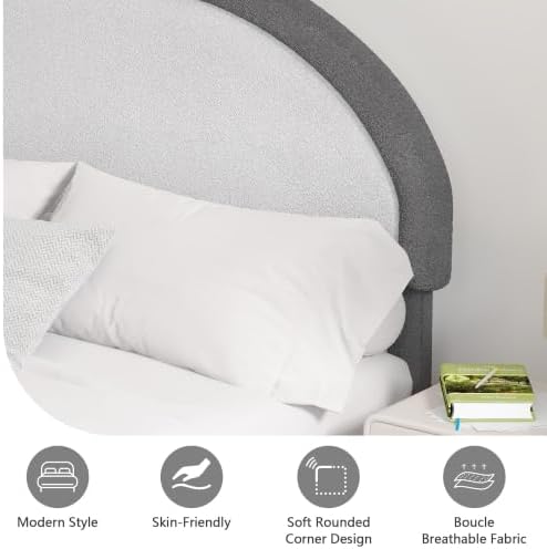 REVOMINCA Queen Upholstered Bed Frame, Boucle Queen Bed Frame with Headboard, Grey Bed Frame, Soft Rounded Corners, No Box Spring Required, Easy Assembly