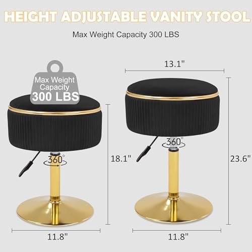 Adjustable Vanity Stool, Velvet Makeup Stool with Storage Black