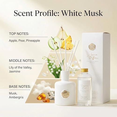 White Musk Reed Diffuser, Long Lasting Essential Oil Home Fragrance