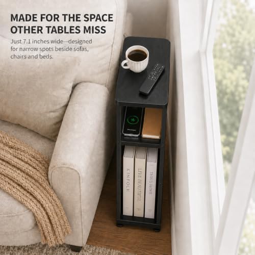 Narrow Side Table with Charging Station Small Spaces Narrow End Table