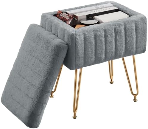 Sweetcrispy Vanity Stool Chair with Storage, 18.9”H x 16”L x 12.2”W Ottoman Chair Faux Fur Soft Padded Makeup Footstools Seat with 4 Metal Legs Anti-Slip Adjustable Feet for Make Up, Grey