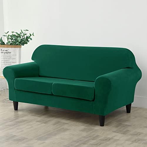 OBCREAT 3 Pieces Sofa Slipcover Stretch Velvet Sofa Covers for 2 Cushion Couch Loveseat Covers Soft Couch Cover with Elastic Bottom Non Slip Furniture Protector for Pets Kids (Green, Medium)