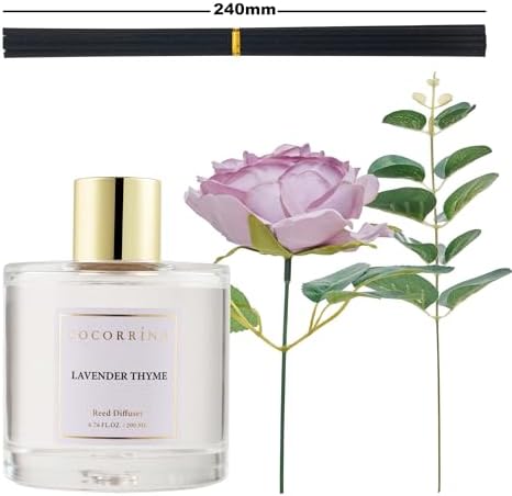 Cocorrína Flower Reed Diffuser - Lavender Thyme 6.7oz Scented Diffuser with Sticks Home Fragrance Essential Oil for Bathroom Shelf Decor (Artificial Flower)