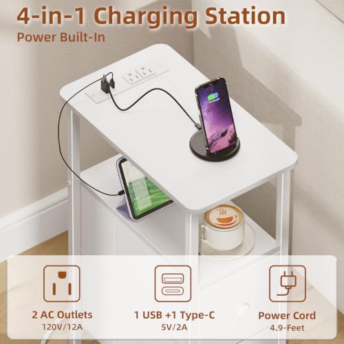 Somdot Narrow End Table Set of 2, Charging Station, Side Table, 2 Drawers