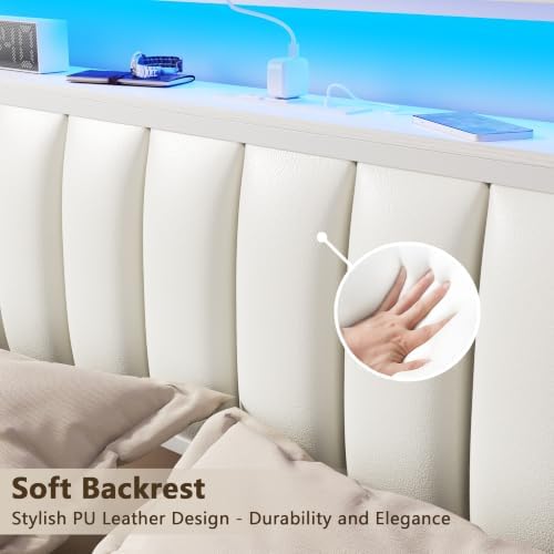 Furnulem White Queen Bed Frame with PU Upholstered Headboard & 2 Drawers