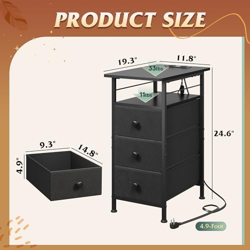 WLIVE Night Stand with Charging Station, End Table with 3 Fabric Drawers