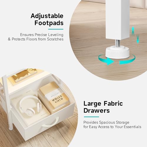 Lazzanto Nightstand with Rear Charging Station, LED Light, 3 Drawers, White