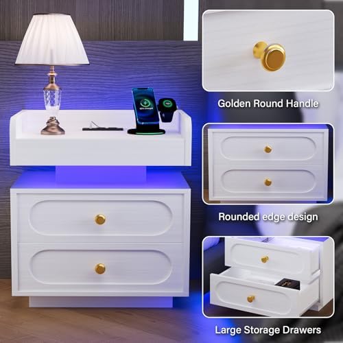 4ever2buy White Nightstand Set of 2 with Charging Station and LED Lights