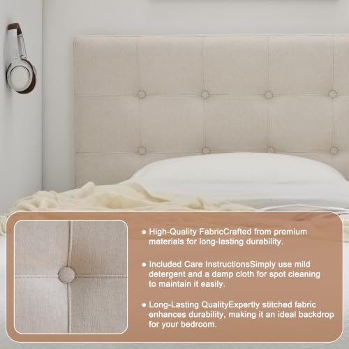 Linen Tufted Headboard Twin Size, Solid Wood Twin Headboard Only, Beige
