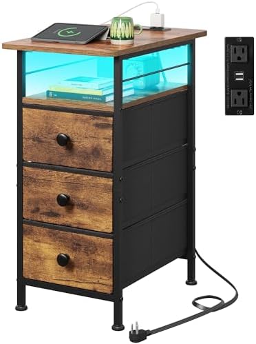 WLIVE Night Stand with Charging Station, End Table with 3 Fabric Drawers