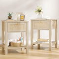 Eclatara Rattan Nightstand Set of 2: Sturdy Night Stand with Rattan Decor Drawer, Farmhouse Nightstand Bedside Table Boho End Tables Side Tables for Bedroom (Natural Light Oak,2 Pieces)