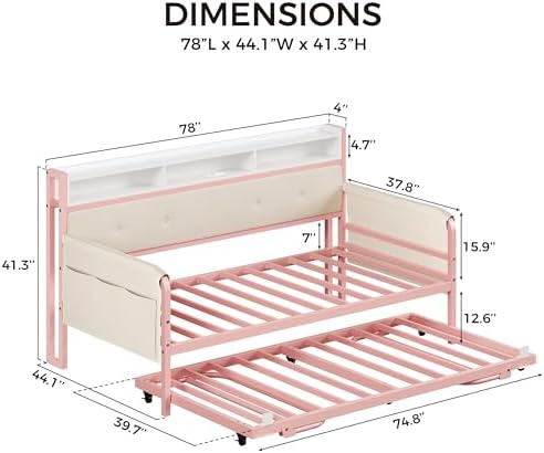 LIKIMIO Daybed with Trundle, Twin Bed Frame,Pink