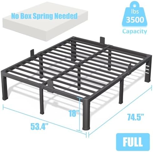 18 Inch Full Bed Frame with Rounded Corner and Headboard Hole Mattress Retainers 3500 LBS Metal Heavy Duty Steel Slats Support No Box Spring Needed Platform Noise Free Easy Assembly