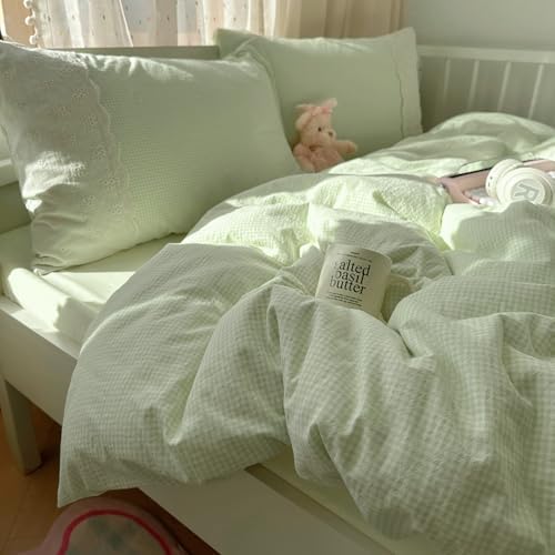 Lace Duvet Cover Set Queen(90"x90"),Green Gingham