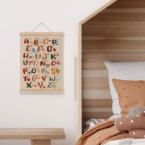 MAQIKA Funny Alphabet Learning Classroom Poster Framed with Wood Hanger, Letters Educational Hanging Wall Decor, ABC Alphabet Canvas Wall Art Paints for Kids Toddlers Nursery Room Bedroom, 12x16 Inch