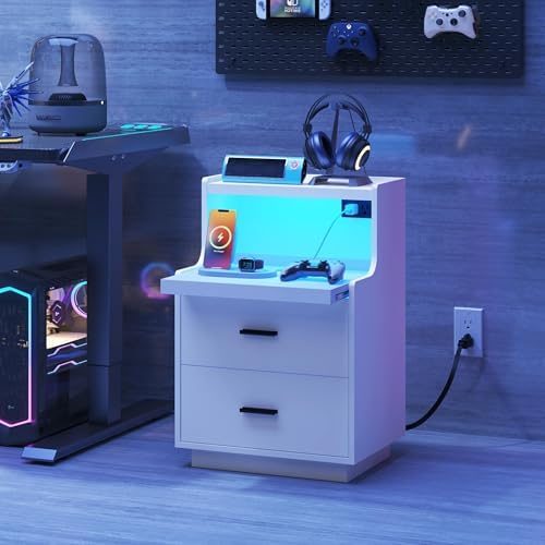Yusong LED Nightstand Bedside Table with Charging Station 2 Drawers, Modern Sofa Couch End Side Table with LED Lights and Pull-Out Shelf for Bedroom, White