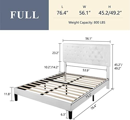 Allewie Full Size Platform Bed Frame, Adjustable Faux Leather Headboard with Diamond Stitch and Button Tufted, Sturdy Wood Slats, Easy-Assembly, No Box Spring Needed, Off-White