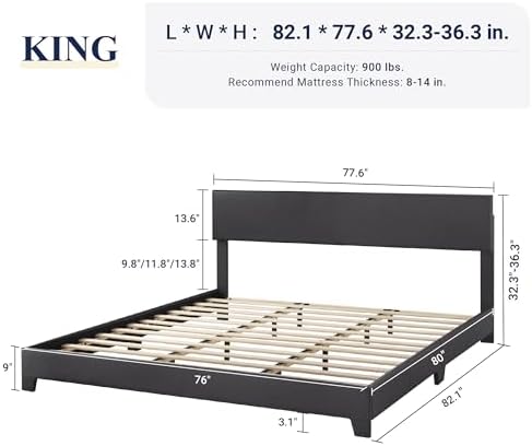 Allewie King Size Faux Leather Bed Frame, Adjustable Headboard, Black