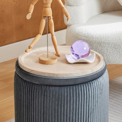BLEXA Storage Ottoman Round, Set of 2, Velvet Vanity Stool,Light Grey