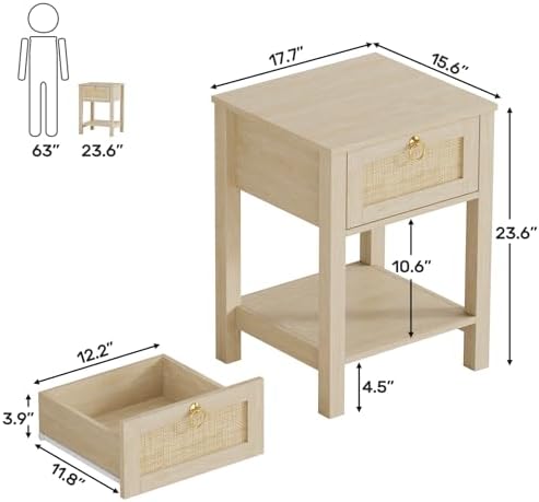 Eclatara Rattan Nightstand Set of 2: Sturdy Night Stand with Rattan Decor Drawer, Farmhouse Nightstand Bedside Table Boho End Tables Side Tables for Bedroom (Natural Light Oak,2 Pieces)