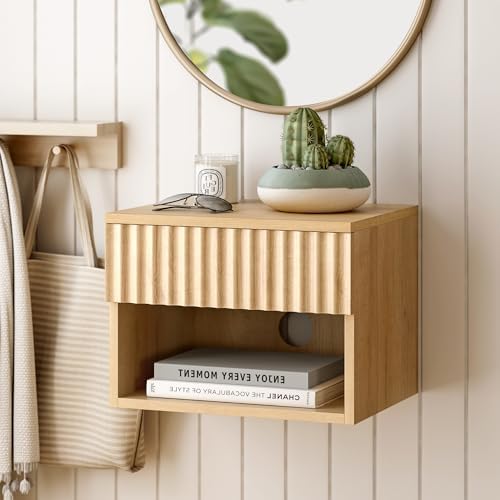 Floating nightstand Set of 4，Modern Fluted Bedside Tables with Drawer & Open Shelf Oak