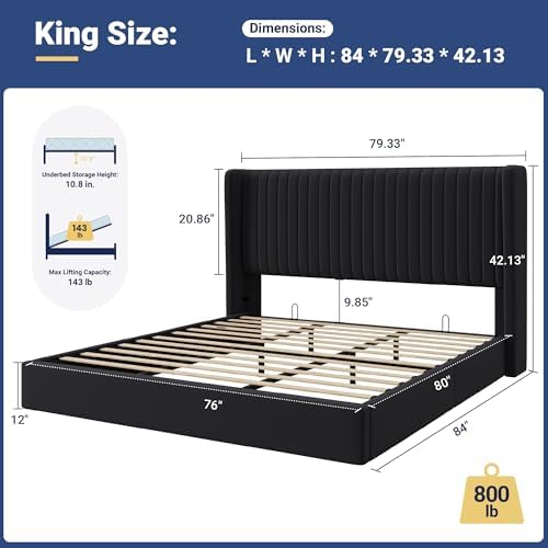 Allewie King Size Lift Up Storage Bed Frame Channel Tufted Headboard Black