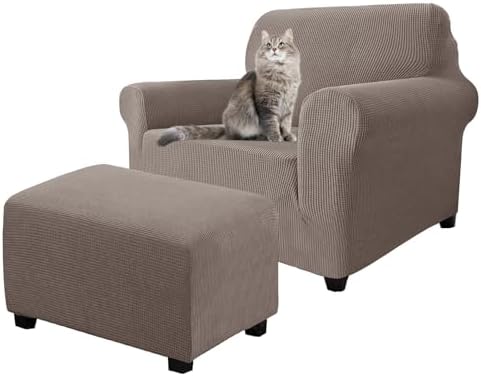 2 Piece Stretch Chair and Ottoman Cover Set, Jacquard Accent Armchair and Foot Stool Slip Cover, Non-Slip Slipcover for Chair with Footrest (Taupe,2 Pieces Set)