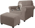 2 Piece Stretch Chair and Ottoman Cover Set, Jacquard Accent Armchair and Foot Stool Slip Cover, Non-Slip Slipcover for Chair with Footrest (Taupe,2 Pieces Set)
