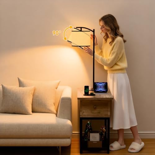 runjuly Floor Lamp with Table, Narrow Side Table with Charging Station