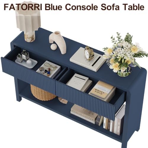FATORRI Console Table for Entryway with 2 Fluted Drawers, 47.2" Blue
