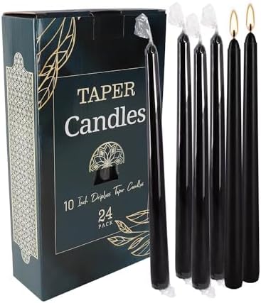 YOROXRG 24 Pack Black Taper Candles, 7-8 Hours Burn Time, Unscented, Smokeless and Dripless, 0.75 x 10 Inch Dinner Candle Set for Halloween, Household, Wedding, Party and Home Décor Candlesticks