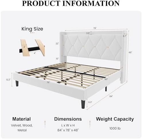 SHA CERLIN King Size Bed Frame with Storage Headboard & Charging Station
