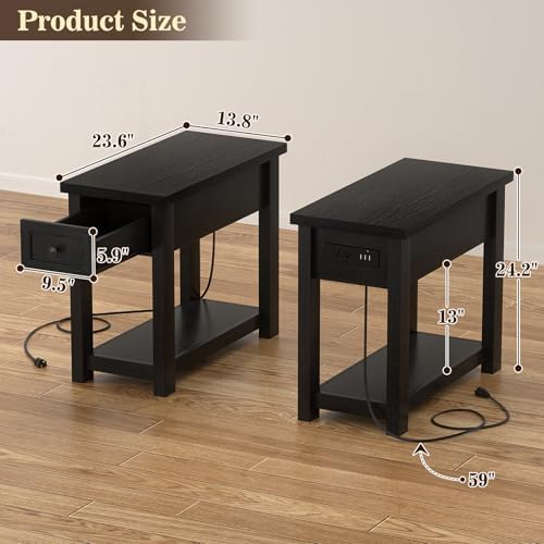 Farmhouse Narrow End Table with Charging Station for Couch, 13.8" Wide