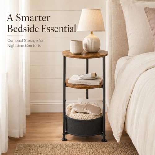 3-Tier Small Round Side Table with Storage Basket, Rustic Brown
