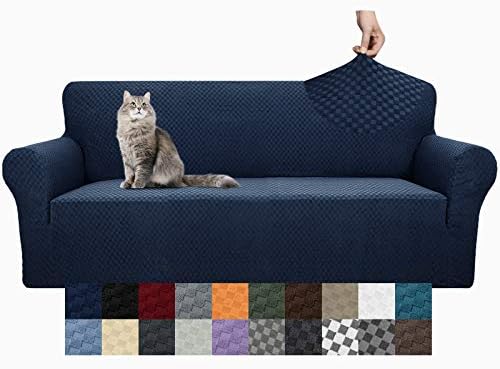 YEMYHOM Couch Cover Latest Jacquard Design High Stretch Sofa Covers for 3 Cushion Couch, Pet Dog Cat Proof Slipcover Non Slip Magic Elastic Furniture Protector (Large, Navy)