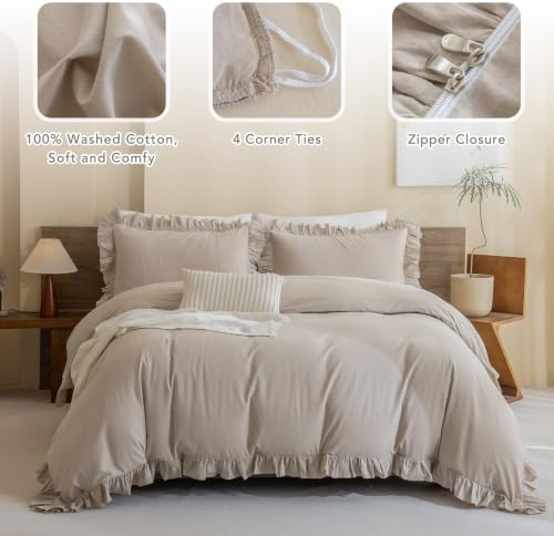 Washed Cotton Duvet Cover King Ruffle Duvet Cover Linen Textured Farmhouse Shabby Vintage Chic Bedding Comforter Cover 3 PCs Aesthetic French Country Vintage King Bedding