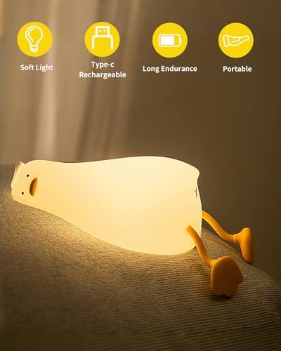 Lying Flat Duck Night Light for Kids, Cute Squishy Silicone Duck Lamp, Rechargeable Bedside Light with Tap Control, 2 Brightness Levels, 30-Min Auto-Off Timer, Room Decor Gift