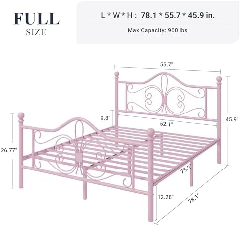 Allewie Metal Full Platform Bed Frame, Butterfly Pattern Design, Pink