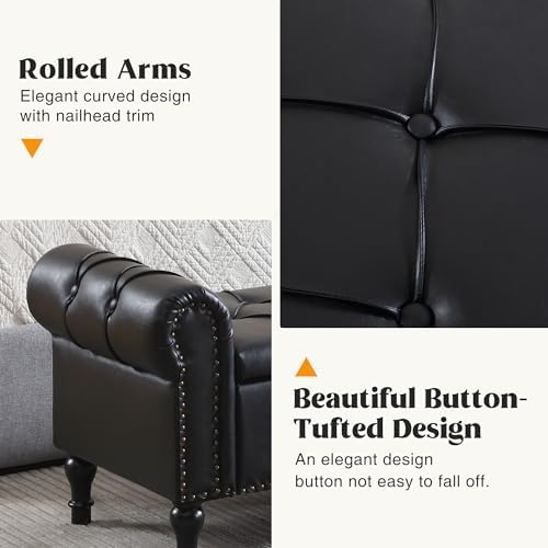 Leather Storage Bench 67 Inch Upholstered Tufted Ottoman Bench with Arms King Size End of Bed Bench for Bedroom Living Room Entryway Obsidian Black
