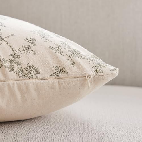 2 Pack French Floral Lumbar Pillow Covers 12x20in, Green/Cream