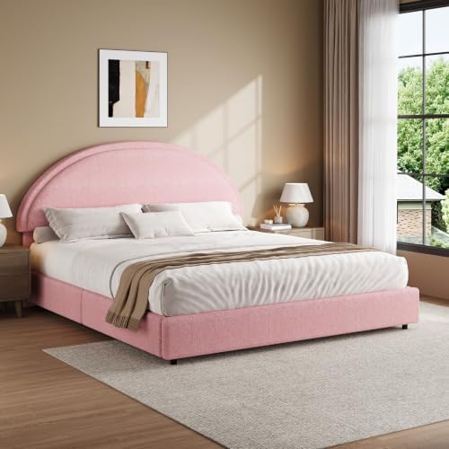 REVOMINCA King Size Bed Frame, Boucle Upholstered Platform Bed with Headboard, Soft Bed Frame with Round Corner, No Box Spring Required, Easy Assembly, Pink