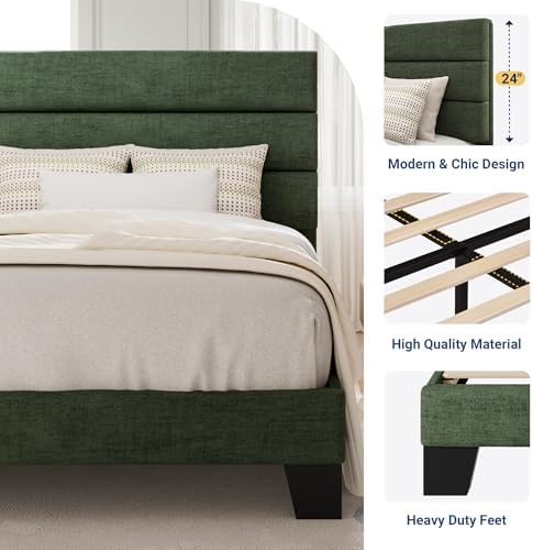 Allewie Twin Size Platform Bed Frame with Fabric Upholstered Headboard and Wooden Slats Support, Fully Upholstered Mattress Foundation/No Box Spring Needed/Easy Assembly, Green