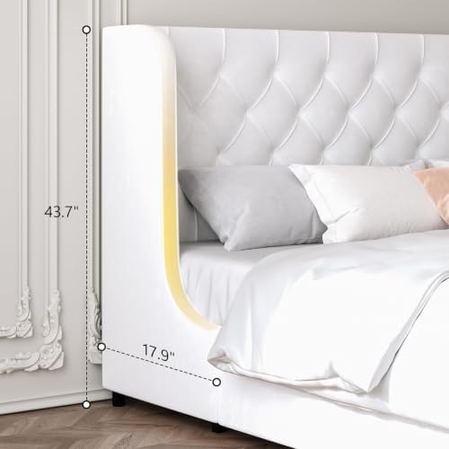 HOMBCK King Size Bed Frame, Upholstered Platform Bed with Headboard, White