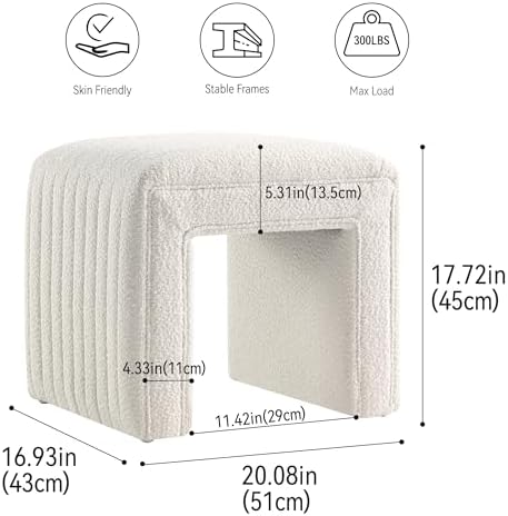 Get Set Style Vanity Stool Chair, Fully Assembled Modern Boucle Ottoman Footstool with Wooden Legs, Multifunctional Upholstered Sofa Bench Extra Seat for Makeup Room Living Room Entryway Office, White
