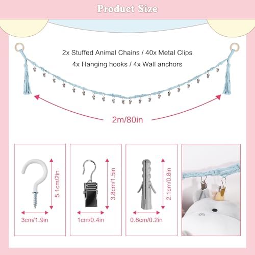 CERETIA 80" Stuffed Animal Organizer Chain, Corner Storage,Baby Blue,2pc